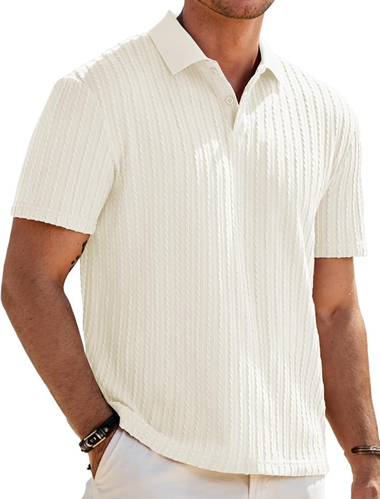HOTJMIERR Mens Casual Polo Shirt Summer Short Sleeve Vacation Button Beach Knit Stretchy Golf Shirts