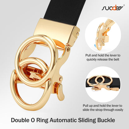 HOTSUOSDEY Womens Ratchet Leather Belt for Jeans Dress Pants Ladies Adjustable No Holes Belt with Automatic Sliding Buckle,1.2"