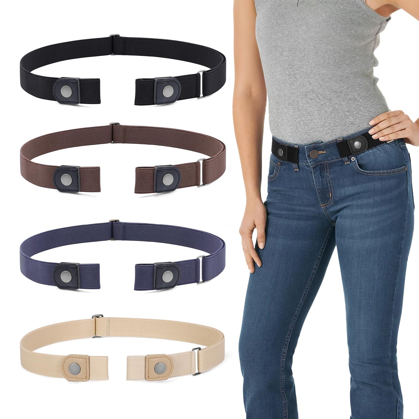 HOTWERFORU 3 Pack 4 Pack No Buckle Invisible Stretch Belt Buckle-Free Elastic Belt for Women and Men