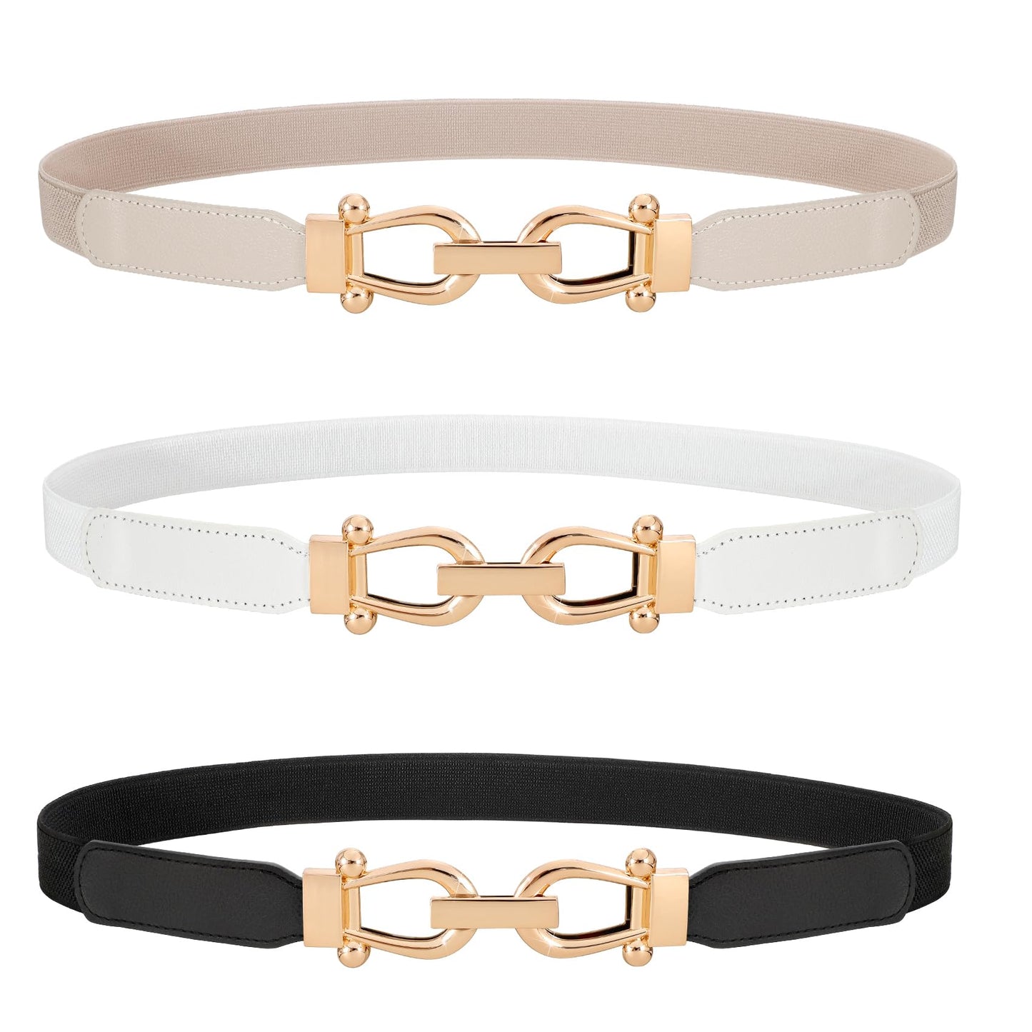 HOTWERFORU 3 Pack Women Skinny Elastic Waist Belt Gold Buckle Stretchy Thin Belt for Jeans Dress