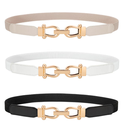 HOTWERFORU 3 Pack Women Skinny Elastic Waist Belt Gold Buckle Stretchy Thin Belt for Jeans Dress
