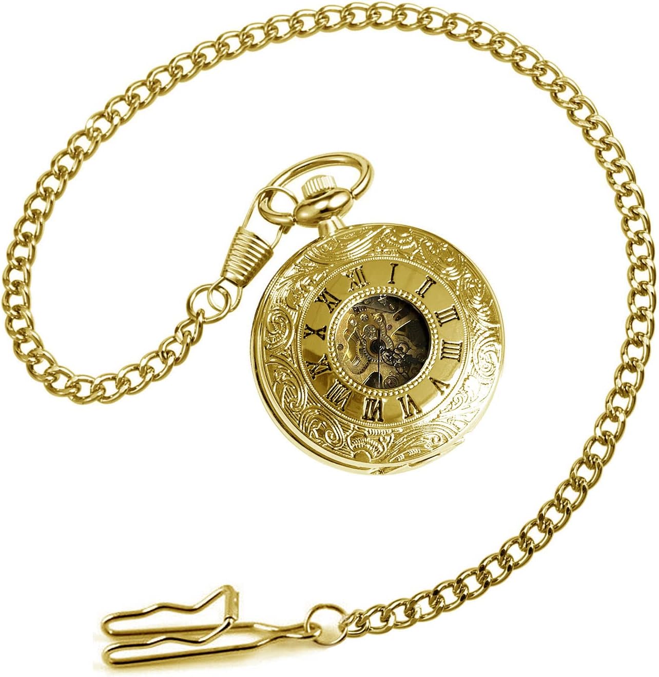 HOTVIGOROSO Mechanical Pocket Watches for Men Skeleton Pocket Watch with Chain | Vintage gold men's pocket watch,Hand wind up mechanical,Roman No. analog pocketwatch,Reloj de bolsillo para hombre,Gift ideal