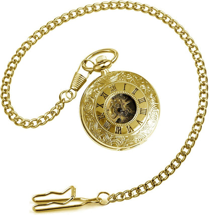 HOTVIGOROSO Mechanical Pocket Watches for Men Skeleton Pocket Watch with Chain | Vintage gold men's pocket watch,Hand wind up mechanical,Roman No. analog pocketwatch,Reloj de bolsillo para hombre,Gift ideal