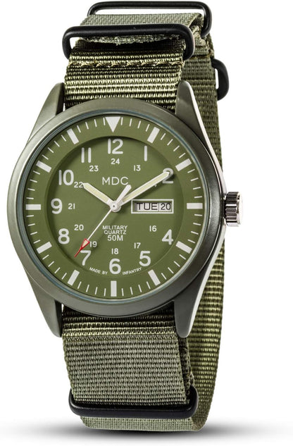 HOTInfantry Mens Military Field Watch, Vietnam Style, 12/24H, Green Nylon Band | Tactical Day Date, Waterproof, Analog Quartz, Army Green Strap for Outdoor Work, Veteran Gift