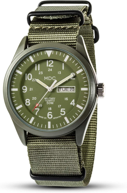 HOTInfantry Mens Military Field Watch, Vietnam Style, 12/24H, Green Nylon Band | Tactical Day Date, Waterproof, Analog Quartz, Army Green Strap for Outdoor Work, Veteran Gift