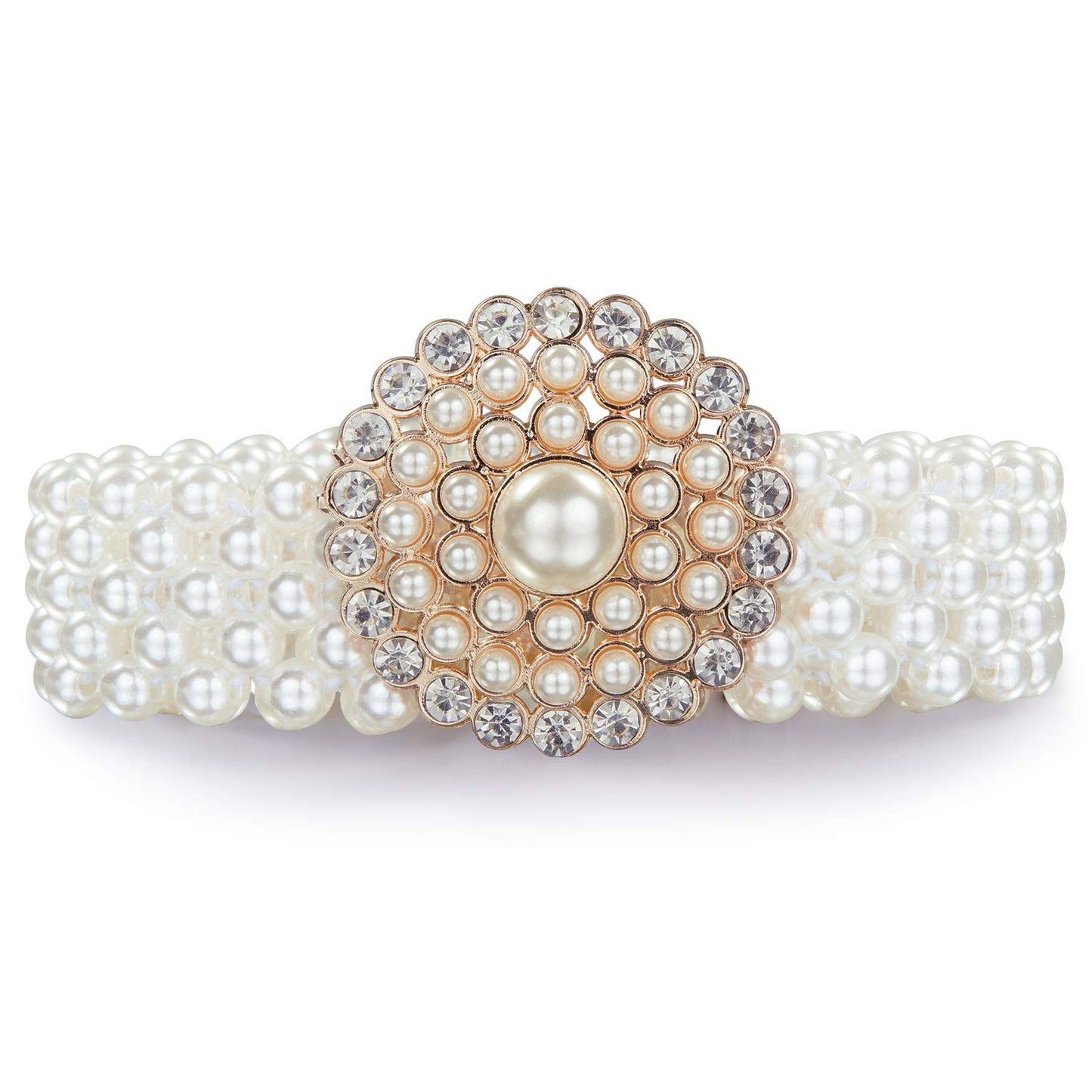 HOTDubulle Women's Pearl Belt Elastic White Waist Chain for Bridal Dress | Plus Size Belts Ivory Beige Silver Pearl Rhinestone Buckle Formal Wedding Ladies