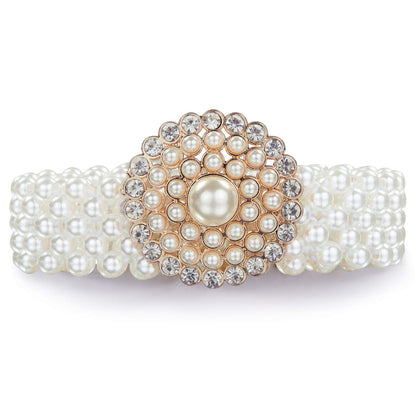 HOTDubulle Women's Pearl Belt Elastic White Waist Chain for Bridal Dress | Plus Size Belts Ivory Beige Silver Pearl Rhinestone Buckle Formal Wedding Ladies