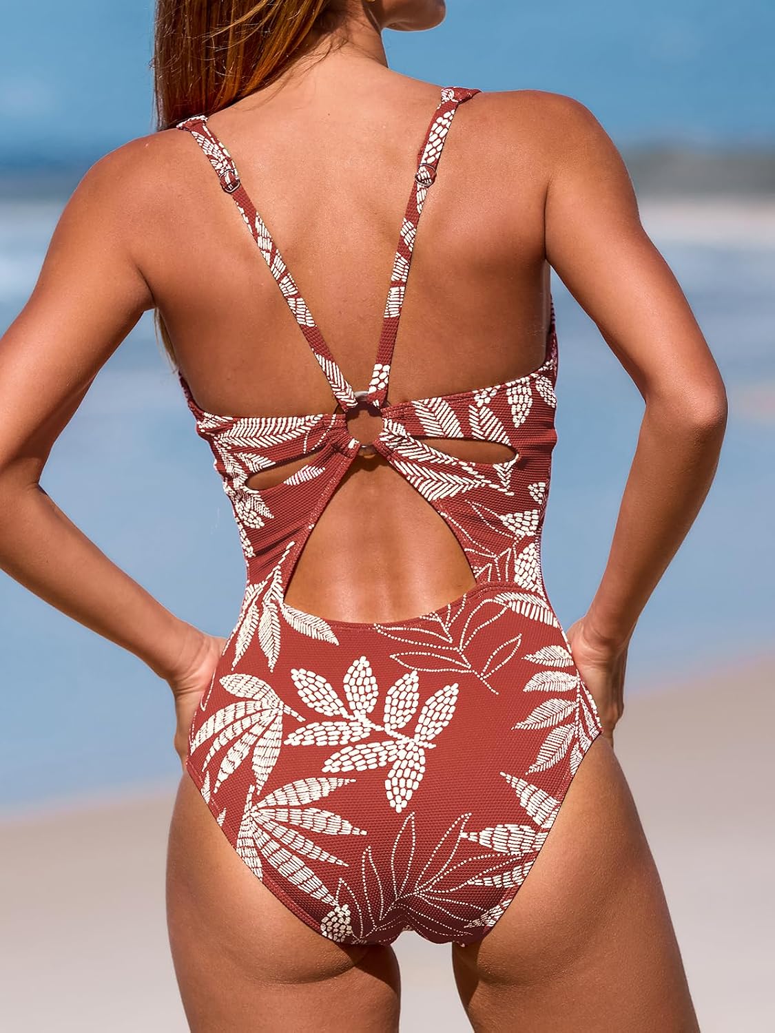 HOTCUPSHE Women's One Piece Swimsuit Deep V Bathing Suit Ring Back | Adjustable Straps, Removable Soft Cups, Open Back, O-Ring Detail, Textured Fabric, Keyhole Cutouts, Standard Coverage