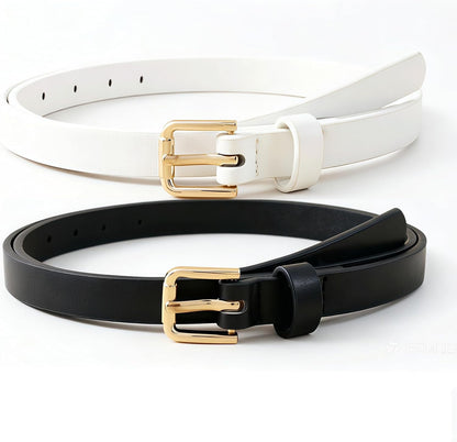 HOTHOTWILL 4 Pack Women Skinny Belts for Jeans Dress Thin Waist Belt | 0.55 in Wide, Black Beige Brown White Faux Leather, Gold Silver Buckle, Fashion Casual Style, Daily Outfits Accessories
