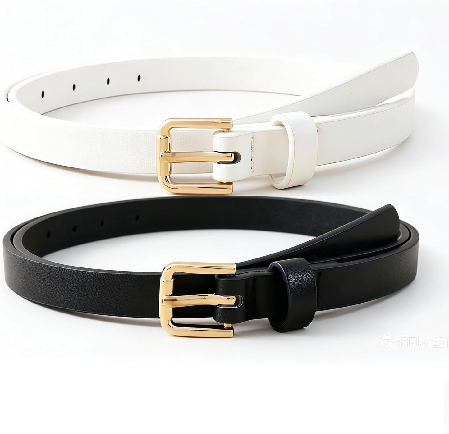 HOTHOTWILL 4 Pack Women Skinny Belts for Jeans Dress Thin Waist Belt | 0.55 in Wide, Black Beige Brown White Faux Leather, Gold Silver Buckle, Fashion Casual Style, Daily Outfits Accessories