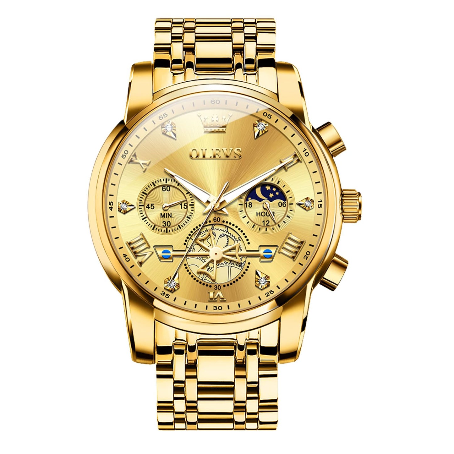 HOTOLEVS Men Watches Stainless Steel Chronograph Watch, Large Wrist Analog Quartz Watch, Fashion Waterproof Diamond Roman Numerals Dress Watches for Men, Gold/Black/White/Blue/Grey Dial