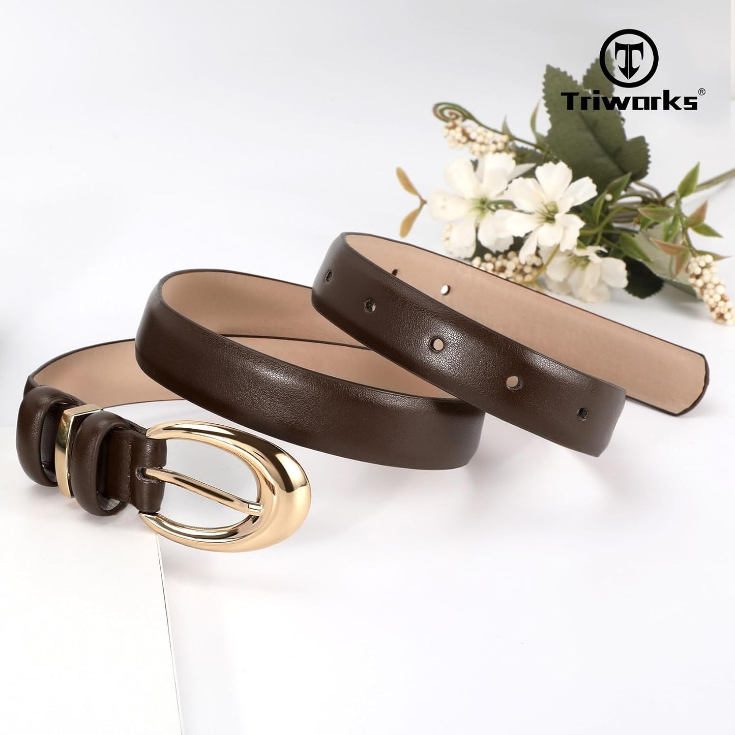 HOTTRIWORKS 2 Pack Women Leather Belt for Jeans Pants Fashion Ladies Faux Leather Belt with Gold Buckle