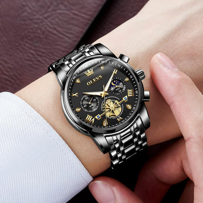 HOTOLEVS Mens Watches Chronograph Watch Luxury Dress Stainless Steel Waterproof Watches for Men Moon Phase Luminous Business Calendar Wrist Watch Blue/Black/Green/Gold/Face