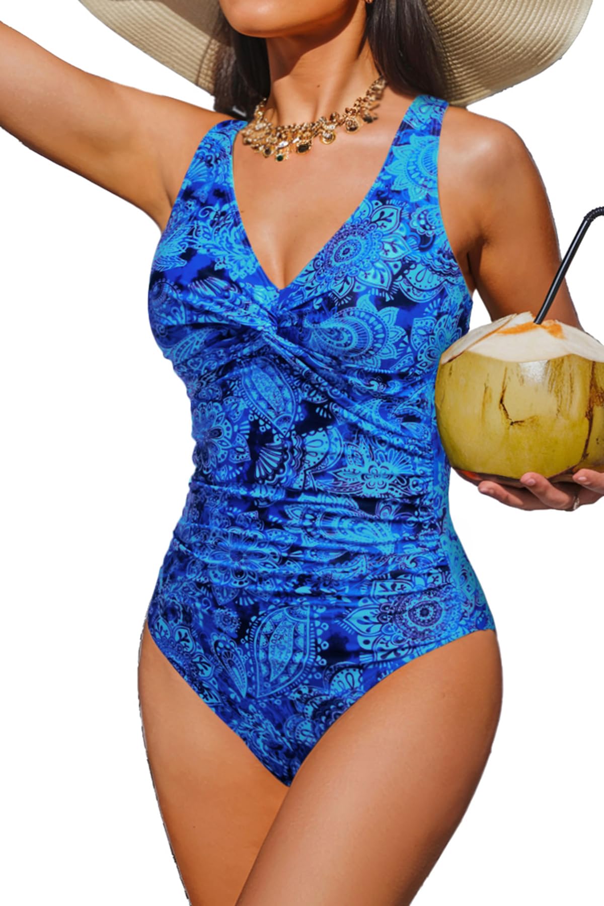 HOTWomen's Tummy Control One Piece Swimsuit Push Up Full Coverage Bathing Suit | V-Neck Twist Front, Low-Back Design, Adjustable Straps, Removable Pads, Full Coverage, Long-Torso Fit, Beach and Pool Days