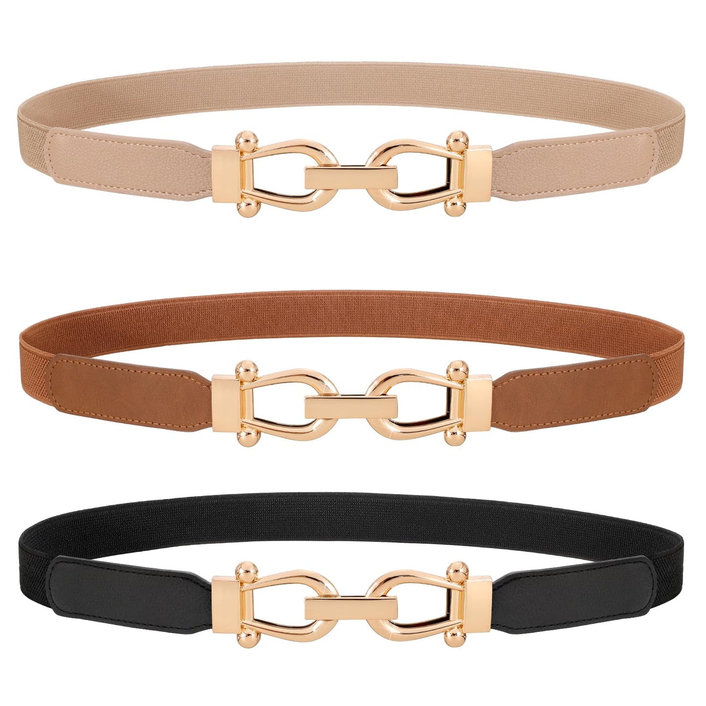 HOTWERFORU 3 Pack Women Skinny Elastic Waist Belt Gold Buckle Stretchy Thin Belt for Jeans Dress