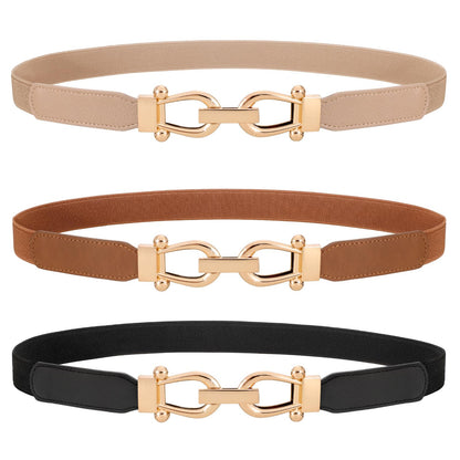 HOTWERFORU 3 Pack Women Skinny Elastic Waist Belt Gold Buckle Stretchy Thin Belt for Jeans Dress