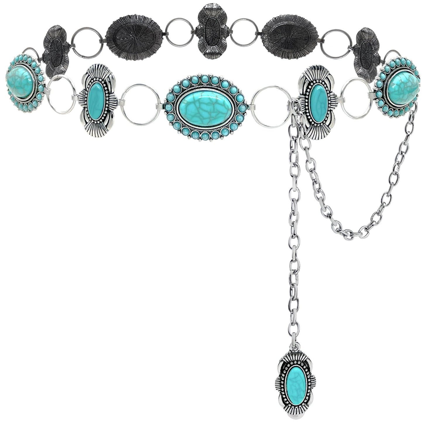 HOTTurquoise Chain Belt for Women, Western Cowgirl Concho Belt | Turquoise Concho Accents with Silver Chains for Western, Cowgirl, Rodeo, Festival and Denim Looks