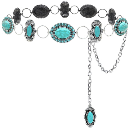 HOTTurquoise Chain Belt for Women, Western Cowgirl Concho Belt | Turquoise Concho Accents with Silver Chains for Western, Cowgirl, Rodeo, Festival and Denim Looks
