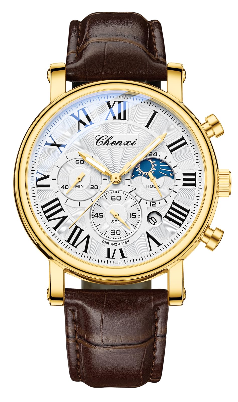 HOTFANMIS Men's Classic Watches Multifunctional Analog Watch Business Dress Waterproof Luminous Chronograph Starry Sky Moon Phase Leather Wristwatch
