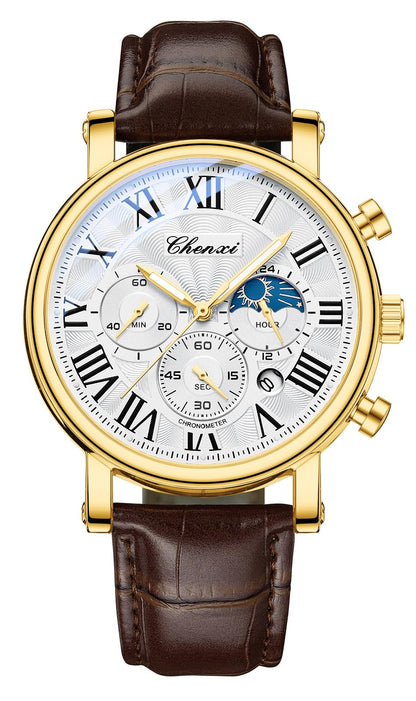 HOTFANMIS Men's Classic Watches Multifunctional Analog Watch Business Dress Waterproof Luminous Chronograph Starry Sky Moon Phase Leather Wristwatch
