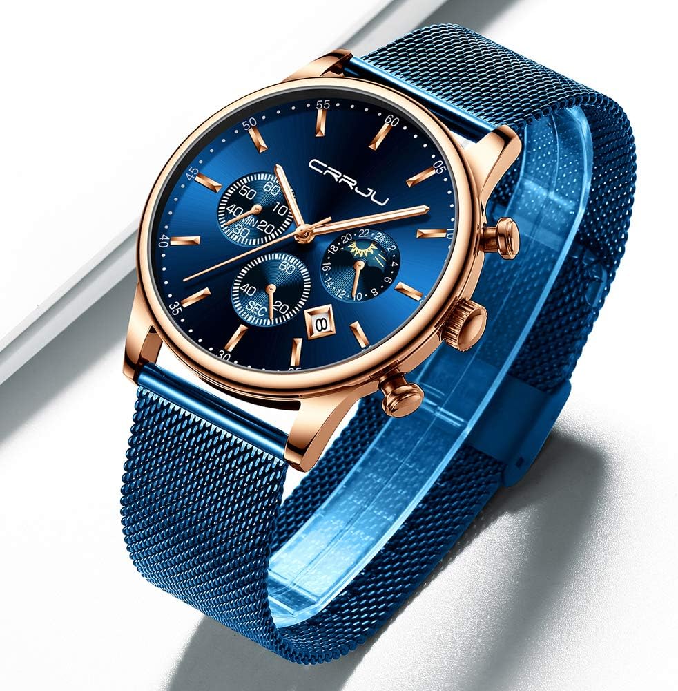 HOTCRRJU Men's Fashion Casual Watches Auto Date Chronograph Watch Men Nice Work Watches Waterproof 30M Full Steel Quartz with Mesh Strap