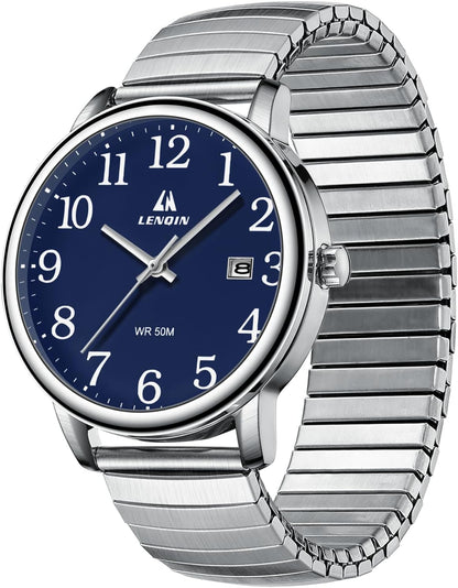 HOTLN LENQIN Mens Watches Stainless Steel Analog Quartz Watch for Men Easy Reader 38 mm Fashion Business Waterproof Men's Wrist Watches with Date and Expansion Band