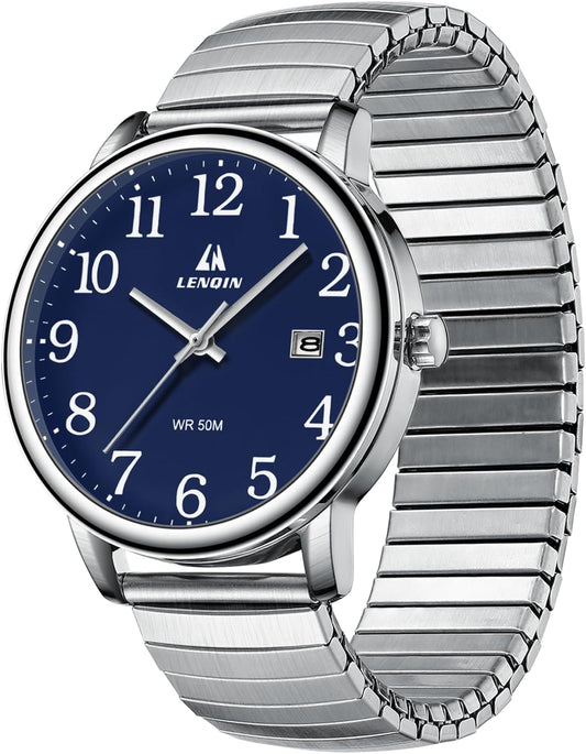 HOTLN LENQIN Mens Watches Stainless Steel Analog Quartz Watch for Men Easy Reader 38 mm Fashion Business Waterproof Men's Wrist Watches with Date and Expansion Band