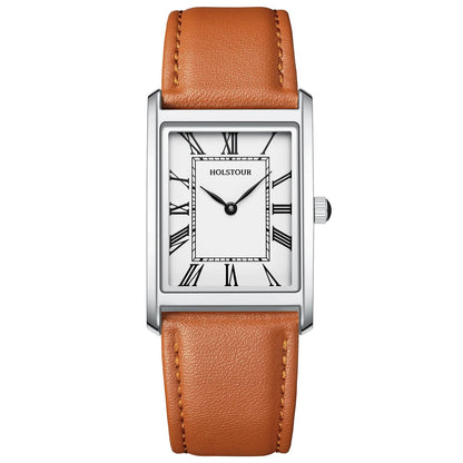 HOTHOLSTOUR Watches for Men Business Simple Model Rectangle Roman Numerals Case Water Resistant with Leather Strap