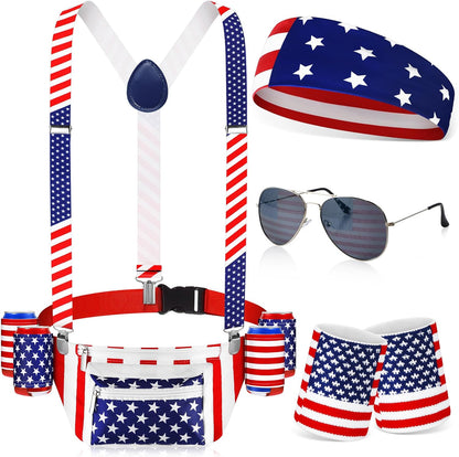 HOT4th of July Fanny Pack, 9 Pcs American Flag Headband Wristband Suspenders | Beer Belt Drink Holder, Beverage Suspenders, Patriotic Party Accessories, Fourth of July Outfit for Men Women