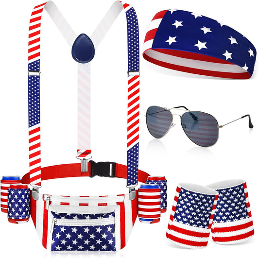 HOT4th of July Fanny Pack, 9 Pcs American Flag Headband Wristband Suspenders | Beer Belt Drink Holder, Beverage Suspenders, Patriotic Party Accessories, Fourth of July Outfit for Men Women