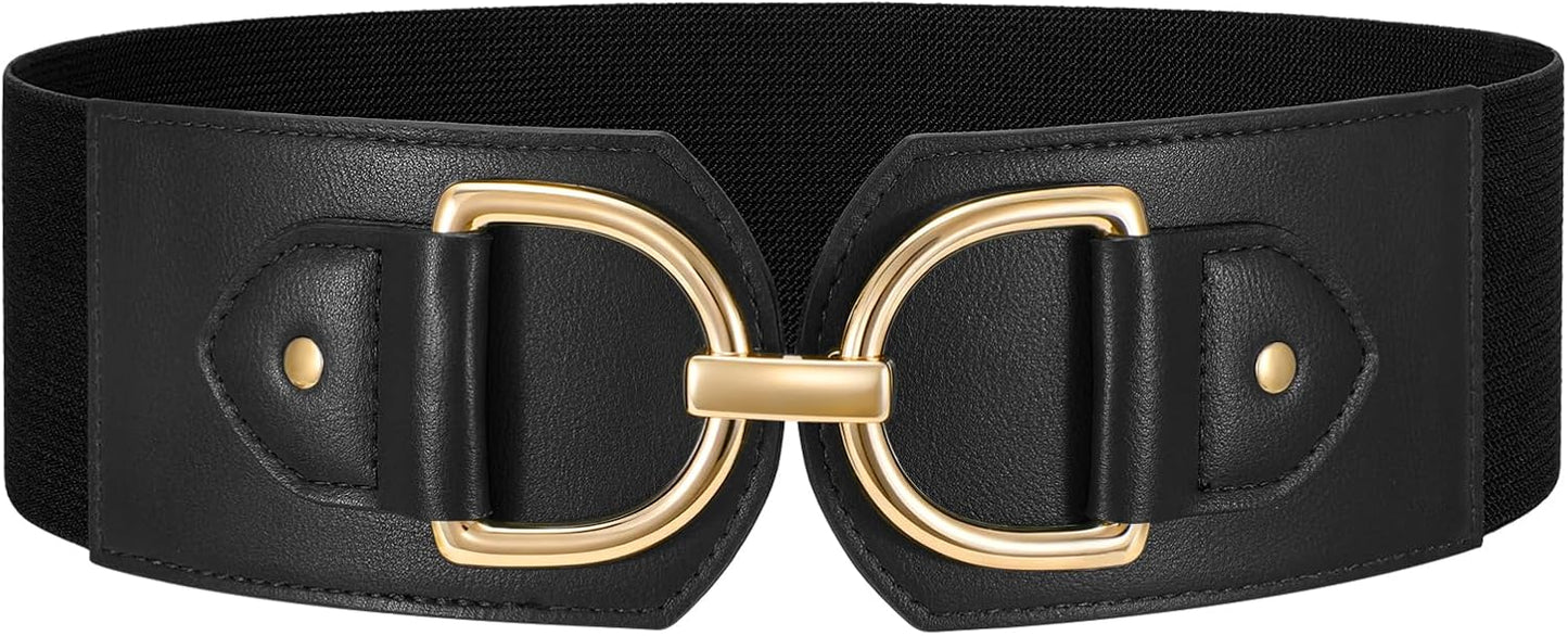 HOTWERFORU Women Elastic Wide Waist Belts for Dresses Fashion Wide Stretchy Belts for Women Big Gold Buckle Thick Dress Belt