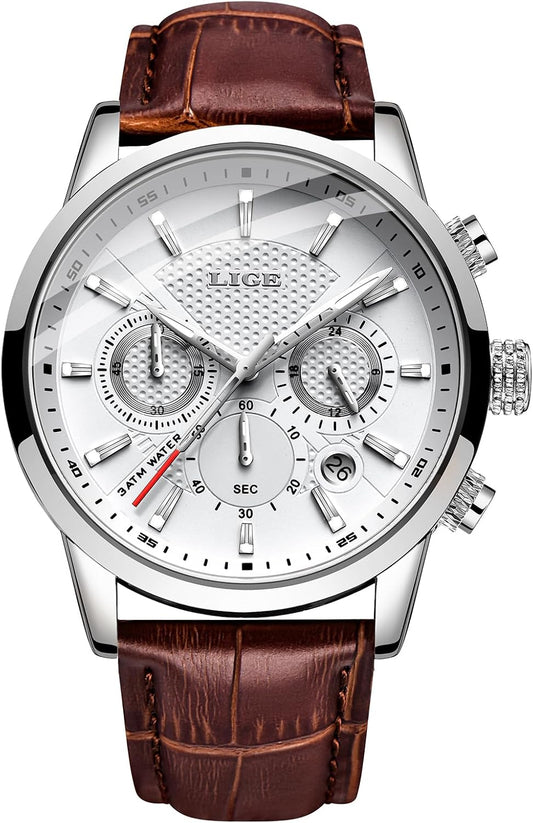 HOTLIGE Wrist Leather Watches for Men Analog Dress Chronograph Waterproof Vintage Work Casual Quartz with Date Display Chronograph Luminous 30M Water Resistant Business Classic Mens Watch