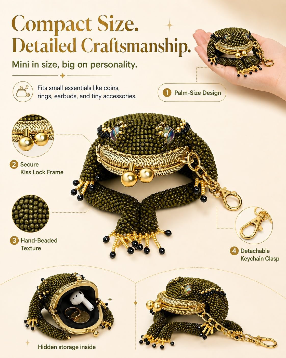 HOT2027 New Toad Coin Purse Keychain Cute Mini Frog Bag Charm with Kiss Lock Closure Beaded Lucky Pouch Hidden Storage for Coins Earbuds Jewelry Rings Women Girls Gift Accessory