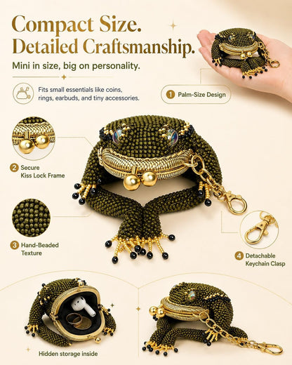 HOT2027 New Toad Coin Purse Keychain Cute Mini Frog Bag Charm with Kiss Lock Closure Beaded Lucky Pouch Hidden Storage for Coins Earbuds Jewelry Rings Women Girls Gift Accessory