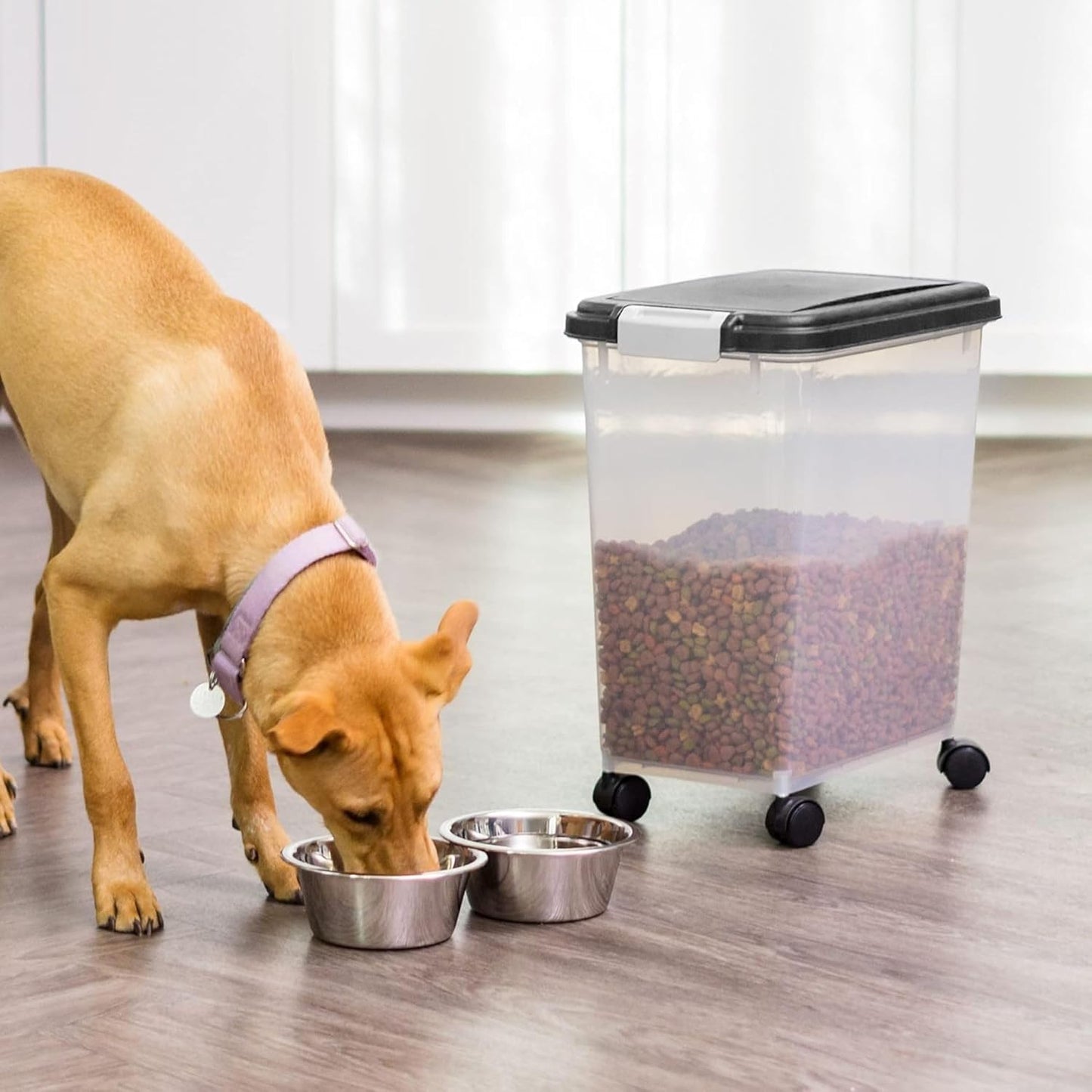 HOTIRIS USA Dog Food Storage Container, Airtight, 30 lb Capacity, Wheels | Airtight seal keeps kibble, bird seed, and pet food fresh while wheels provide easy mobility around the home.