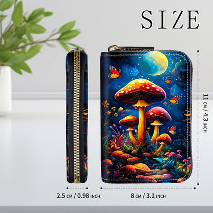 HOTCredit Card Holder for Women Men,RFID Blocking Small Card Case Wallet with Zipper,Leather Pocket Business Card Accordion Wallet-Mushroom Moon in the Forest