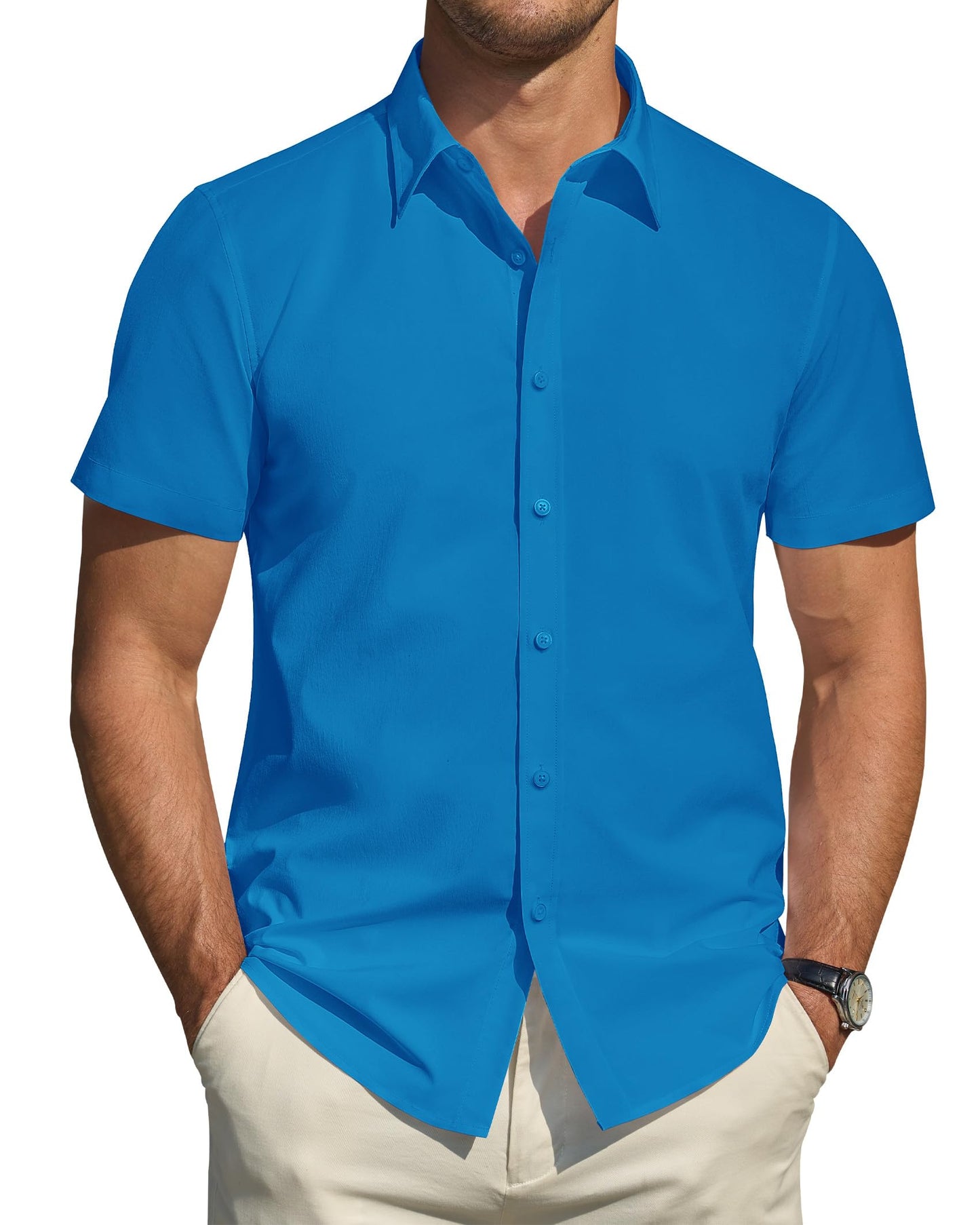 HOTJ.VER Men's Short Sleeve Dress Shirts Stretch Stain Shield Casual Button Down Shirts Solid Formal Shirt