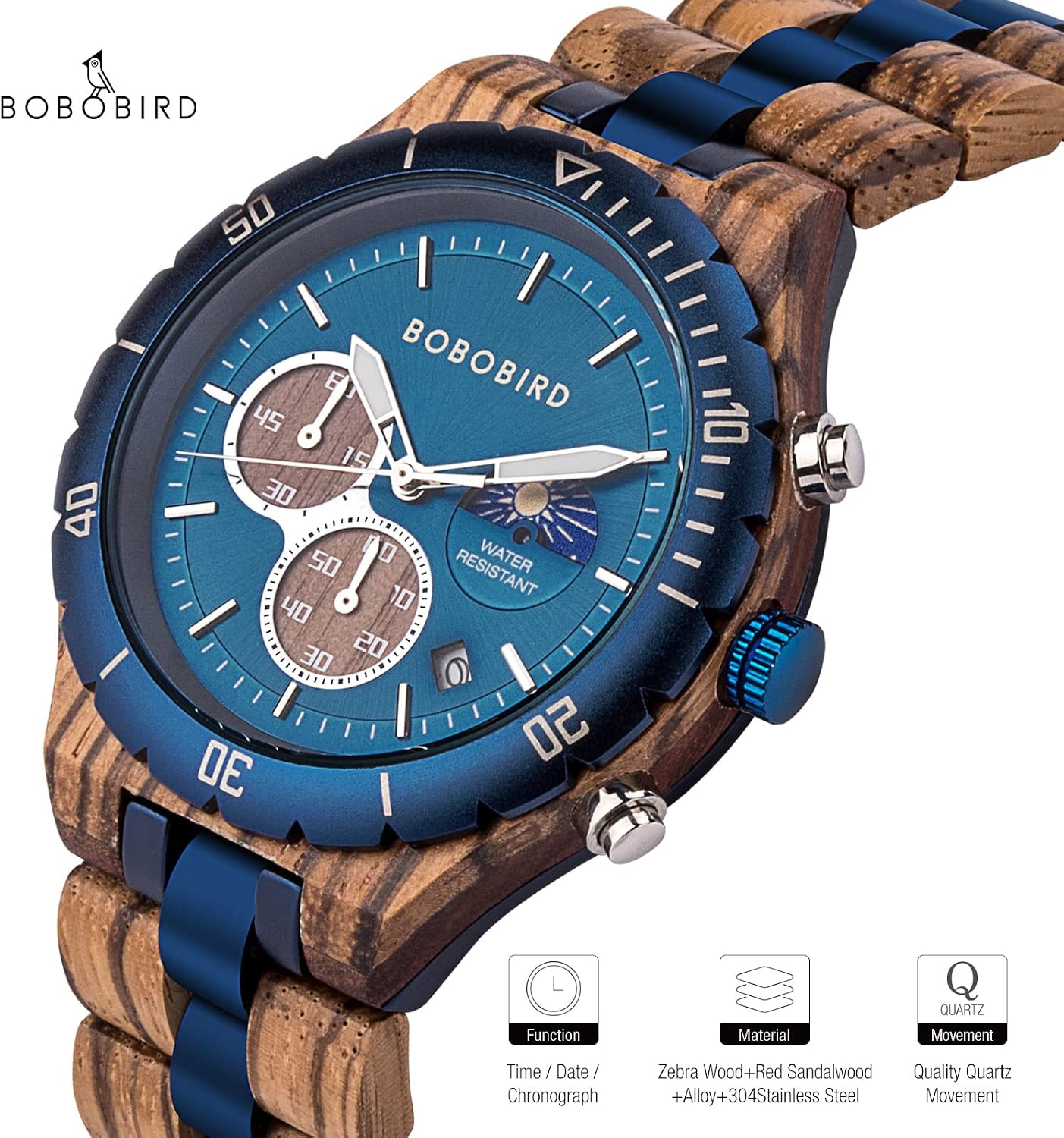 HOTBOBO BIRD Mens Quartz Wooden Watches Stainless Steel Red Sandalwood Alloy Wood Watch for Male Classic Function Wristwatch Chronograph Luminous Hands Day and Night Date Display