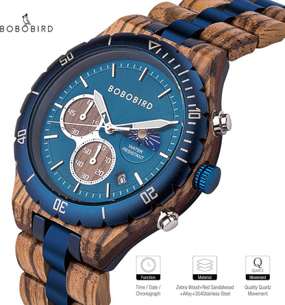 HOTBOBO BIRD Mens Quartz Wooden Watches Stainless Steel Red Sandalwood Alloy Wood Watch for Male Classic Function Wristwatch Chronograph Luminous Hands Day and Night Date Display