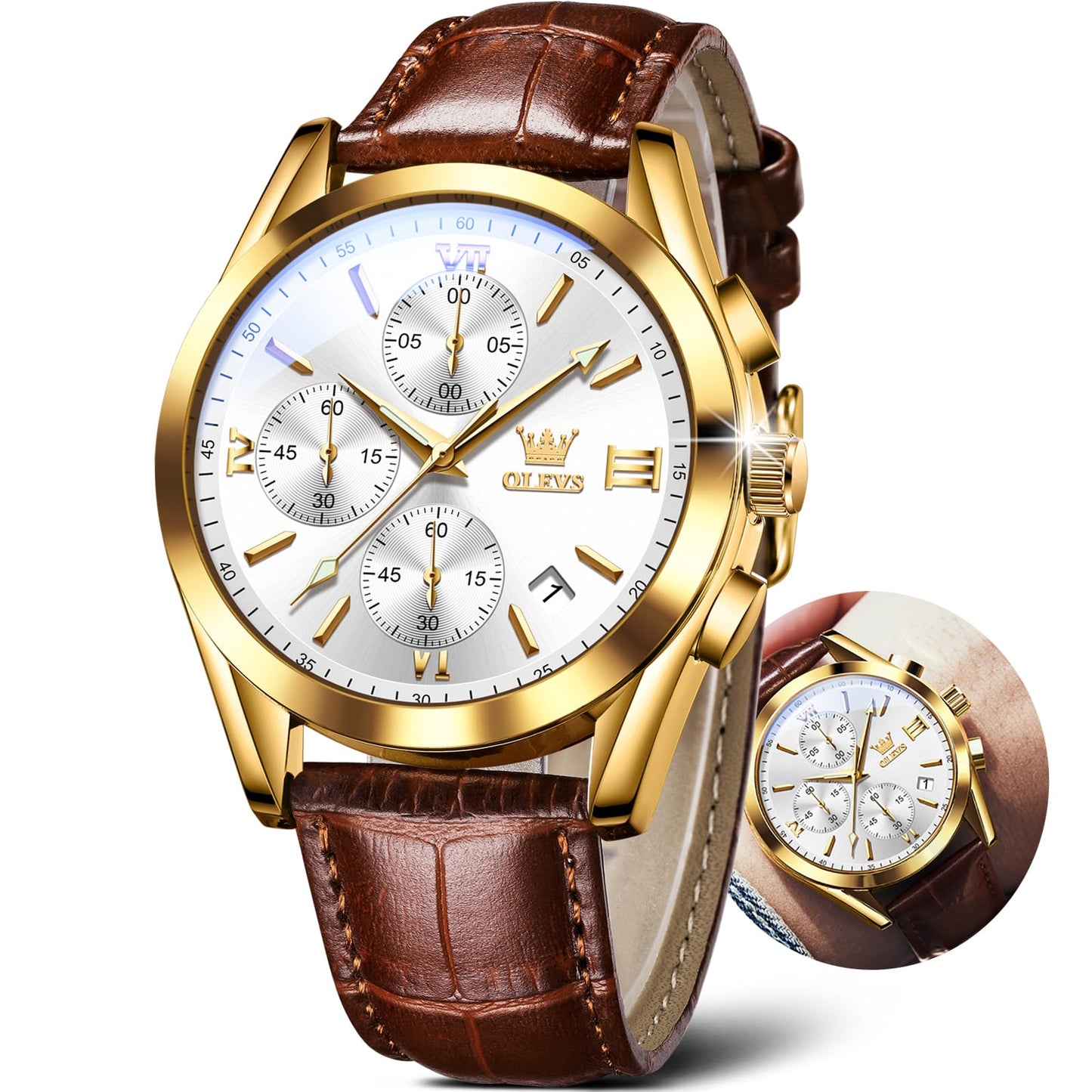 HOTOLEVS Men's Watches Brown Leather with Date,Casual Watches for Men,Large Face Watches Men,Chronograph Mens Watch,Sport Waterproof Business Dress Analog Quartz Men's Wrist Watches Reloj De Hombre