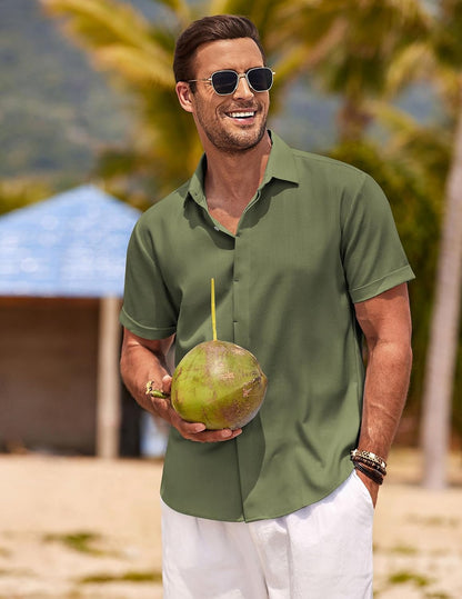 HOTCOOFANDY Men's Linen Shirts Short Sleeve Casual Shirts Button Down Shirt for Men Beach Summer Wedding Shirt