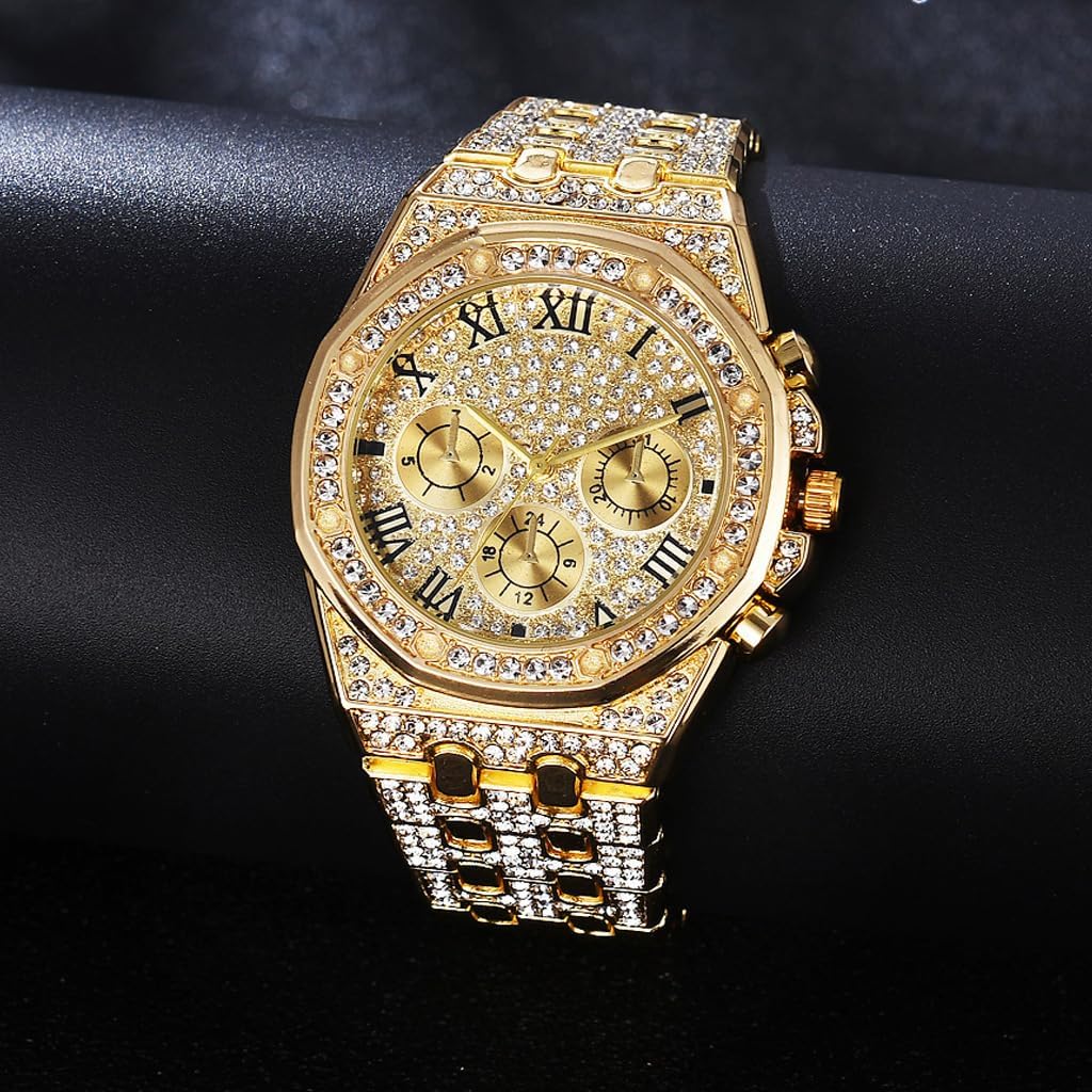 HOTApzzic Diamond Iced Out Watch CZ Gold Plated 40mm Width Roman Numerals Dial Quartz Wristband Watch for Men Women