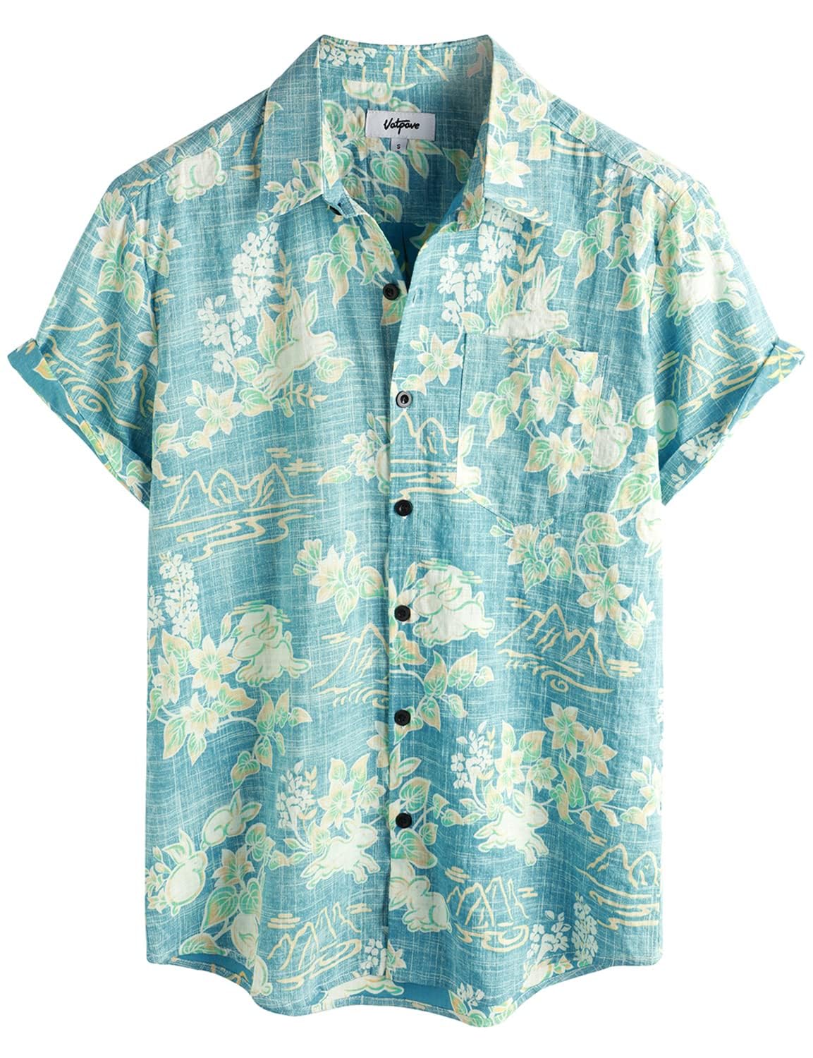 HOTVATPAVE Mens Hawaiian Shirts Casual Summer Short Sleeve Button Down Shirts | Beach, Floral, Front Pocket, Cotton, Tropical, Vacation, Vintage, Printed, Cruise, Collared, Aloha, Party, Reverse Fabric