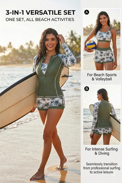 HOTDaci 3 Piece Rash Guard Set with 3'' Shorts | UPF 50+ Sun Protection, Long Sleeve Swim Shirt, High Rise, Built-in Bra, Removable Pads, for Beach, Pool, and Surfing