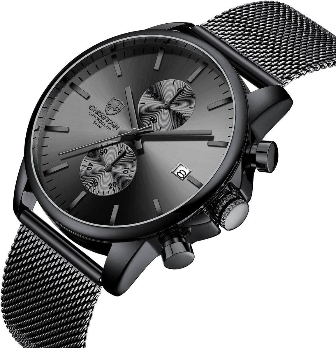 HOTGOLDEN HOUR Mens Watch Fashion Sleek Minimalist Quartz Analog Mesh Stainless Steel Waterproof Chronograph Watches for Men with Auto Date