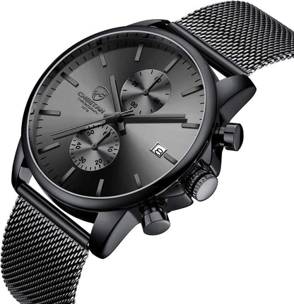 HOTGOLDEN HOUR Mens Watch Fashion Sleek Minimalist Quartz Analog Mesh Stainless Steel Waterproof Chronograph Watches for Men with Auto Date