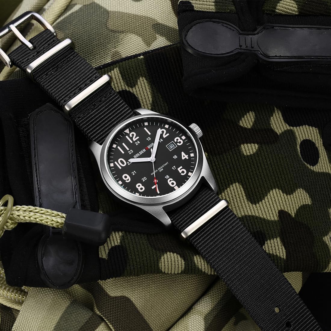 HOTGOLDEN HOUR Men's Nylon Slip-Thru Strap Watch with Military Time Easy Read Dial Glowing Hands