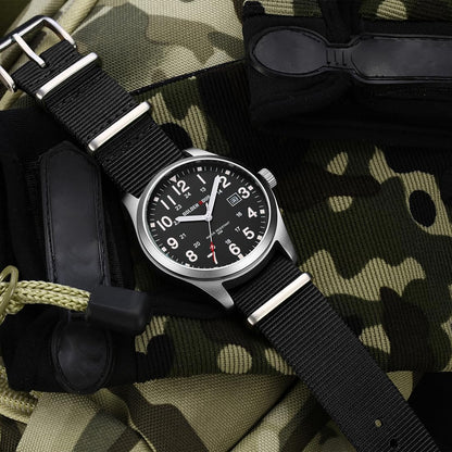 HOTGOLDEN HOUR Men's Nylon Slip-Thru Strap Watch with Military Time Easy Read Dial Glowing Hands