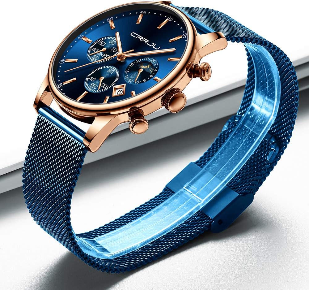 HOTCRRJU Men's Fashion Casual Watches Auto Date Chronograph Watch Men Nice Work Watches Waterproof 30M Full Steel Quartz with Mesh Strap