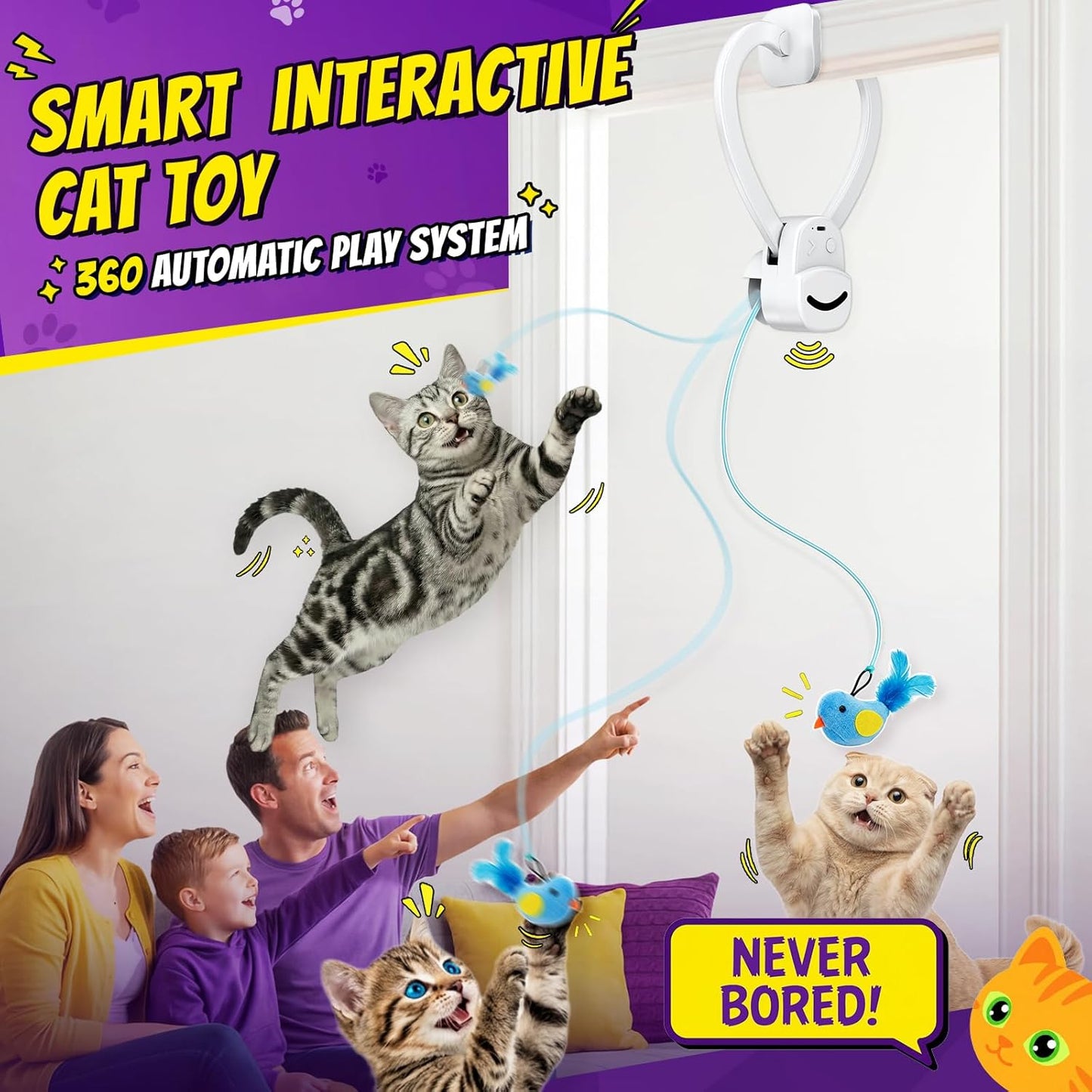 HOTInteractive Cat Toys for Indoor Cats: Automatic Flying Bird Feather Wand Chase Exercise Enrichment Stimulation, USB Rechargeable Durable Safe Hanging Toy for Bored Kittens Adult Multi Cat Households